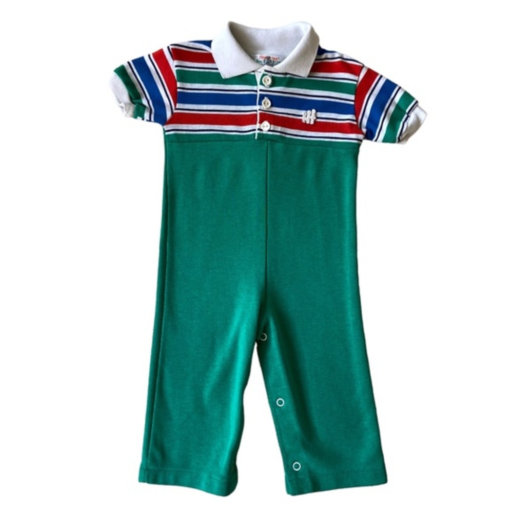 VINTAGE 80s 90s Healthtex Romper Overalls Shirt Pants Short Sleeves Stripe Green